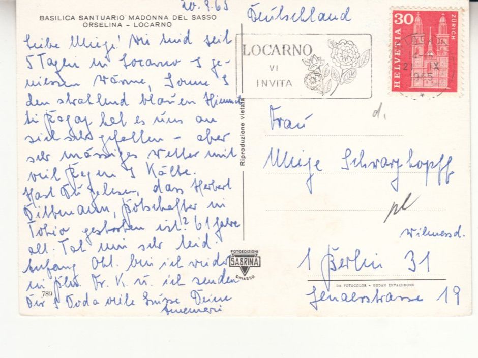 Cartoline postali: Madonna del Sasso 1965 – Usato da Bürglen TG venduto da StampGraf 1