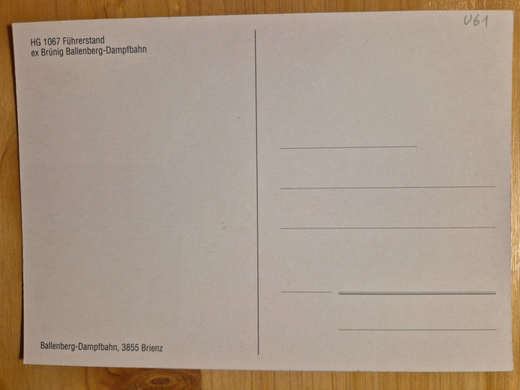 Cartoline postali: Ballenberg-Dampfbahn - HG 1067 Führerstand – Nuovo (secondo la descrizione) da St-Léonard venduto da thipif 1