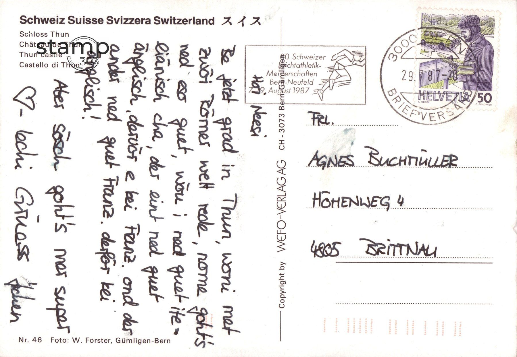 Cartoline postali: 1987 AK Thun Schloss – Usato da Eggersriet venduto da stamp303 1