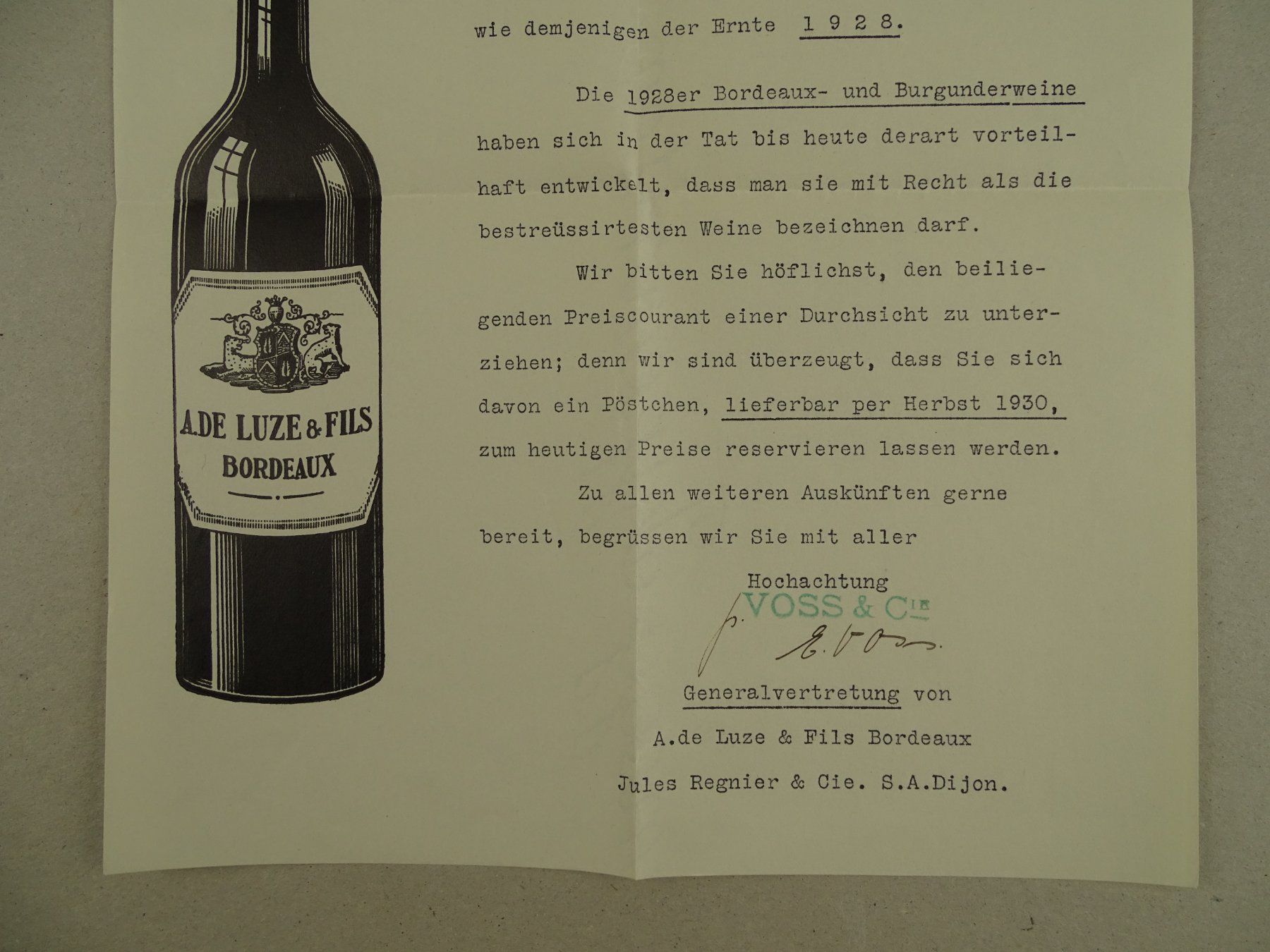 Vino: BRIEF DER BORDEAUX WEINE GENERALVERTRETUNG, 1930 – Usato da Grüningen venduto da Kartensammler 2