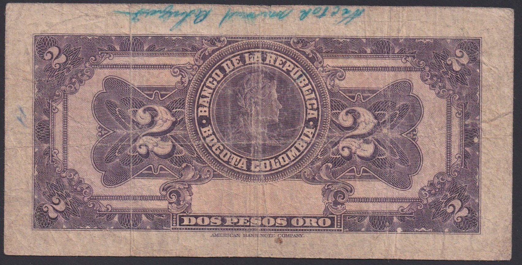 Banknoten: Kolumbien 2 Pesos 1955 – Gebraucht aus Brugg AG von banknoten_muesli 1