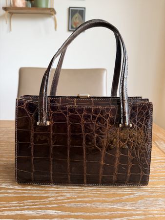Vintage Croco Leather Handbag Modèle Déposé Brown