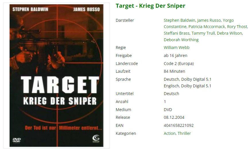 Tutti i DVDs: Target - Krieg Der Sniper (DVD) – Usato da Emmetten venduto da SVollenweider