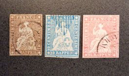 SWITZERLAND 1855–1859: «Strubeli», 3 timbres oblitérés