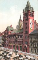 Basel (BS) Rathaus und Marktplatz mit Verkaufsständen