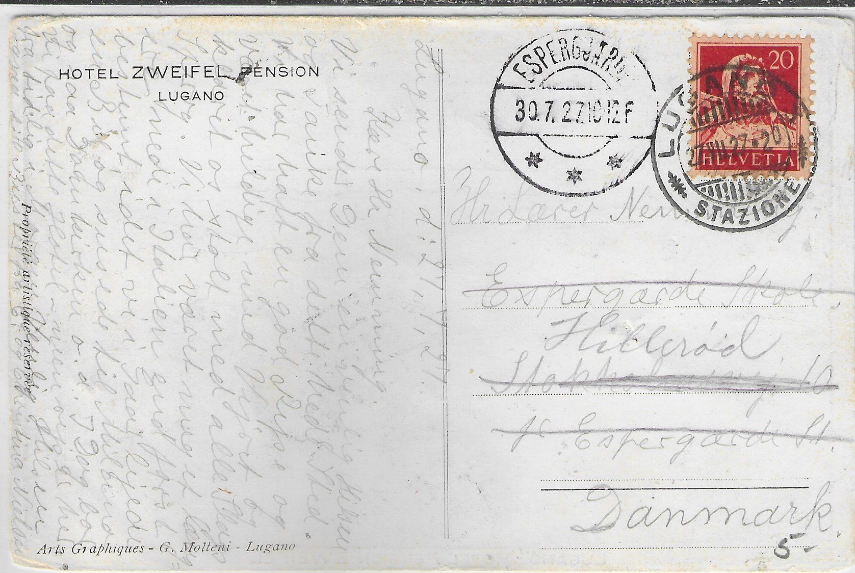 Cartoline postali: Lugano - Hotel Pension Zweifel – Usato da Ettingen venduto da Kartenplanet 1