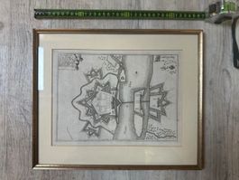 Antike Festungskarte Huningue, Glas gerahmt, Rarität