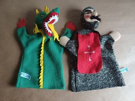 2 seltene KERSA Handpuppen  Drachen mit Ritter Kunibert