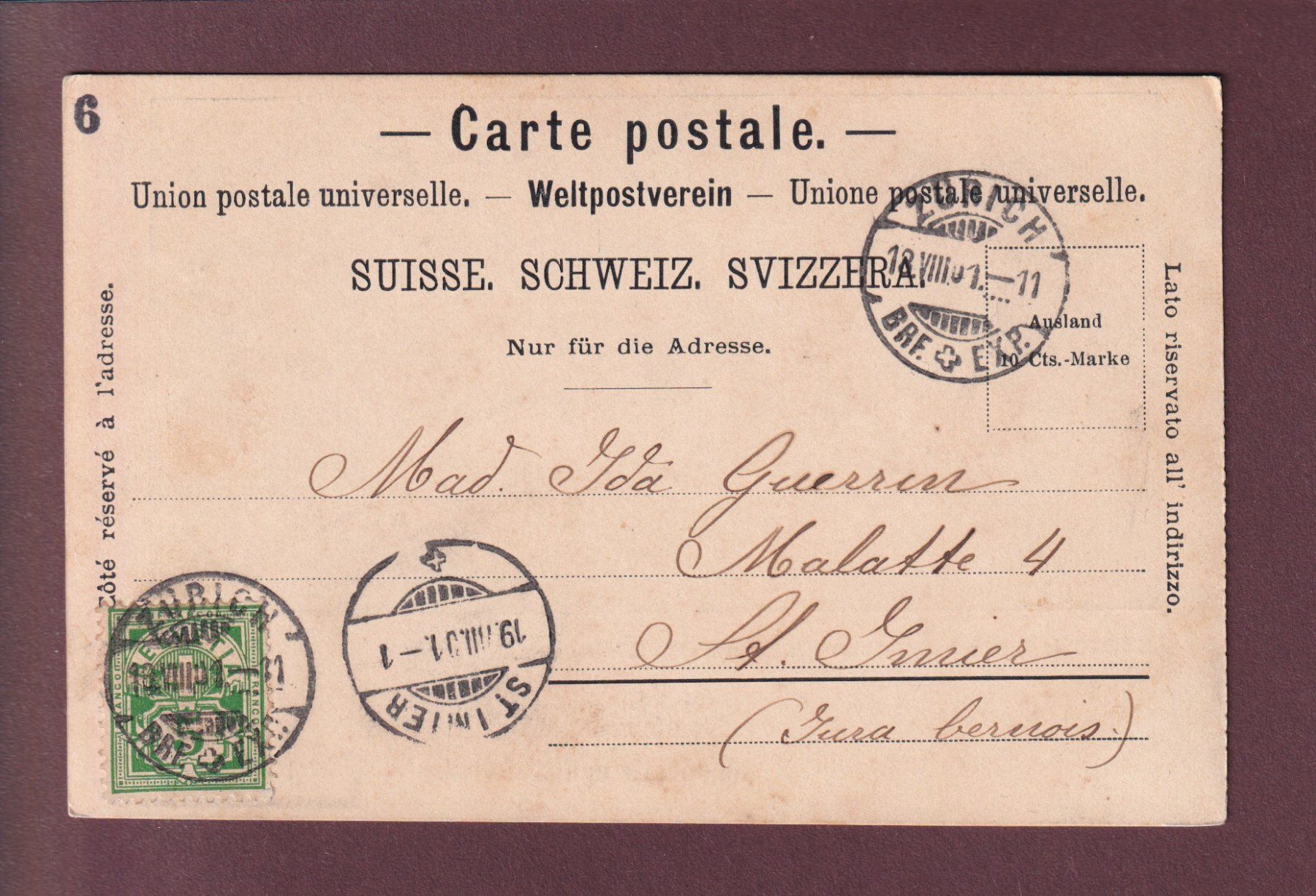 Cartoline postali: ZÜRICH - Quaipromenade - 1901 – Usato da Pully venduto da nicecards 1