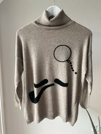 Zara Pullover Gr. M – Beige mit Motiv, Viskose/Angor