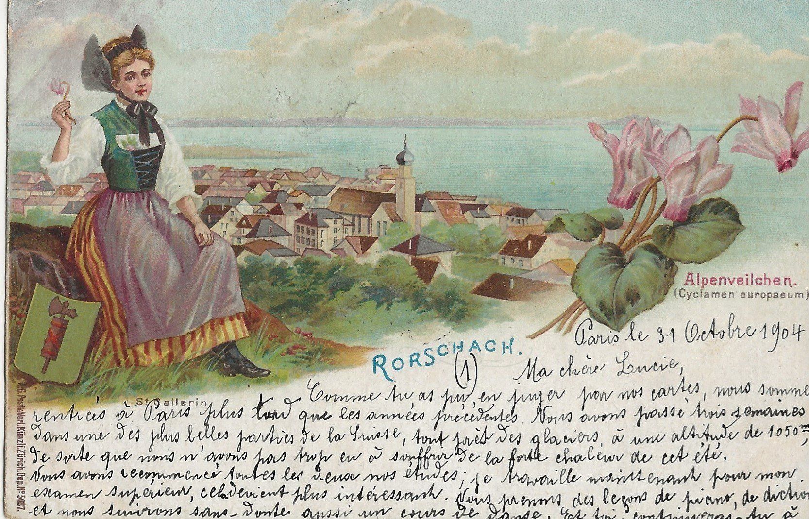 Ansichtskarten: Rorschach, Alpenveilchen, Litho, 1910, Tracht – Gebraucht aus Frauenfeld von Merk52