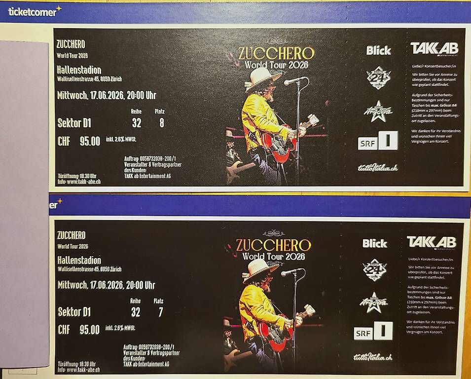 Biglietti: Zucchero 2 billets – Usato da Les Breuleux venduto da mag_ms62