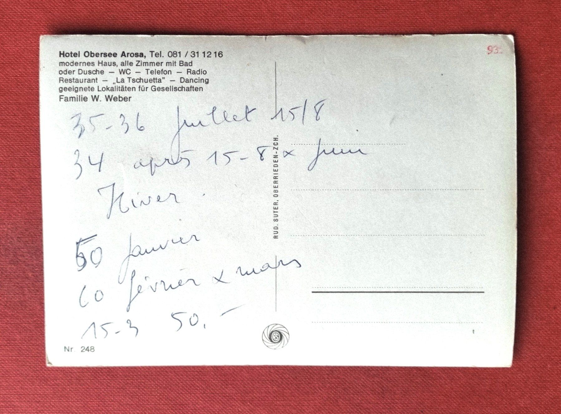 Cartes postales: Arosa - Hotel Obersee - Restaurant la Tschuetta – D'occasion à Rothrist par RROENK 1