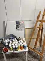 Komplett-Set Staffelei, Farben Acryl Öl, Pinsel, Leinenrahm.
