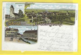20.5.1901Litho Gruss a.BASSERSDORF/3Bild:Kirche,Löwen+Brunnr