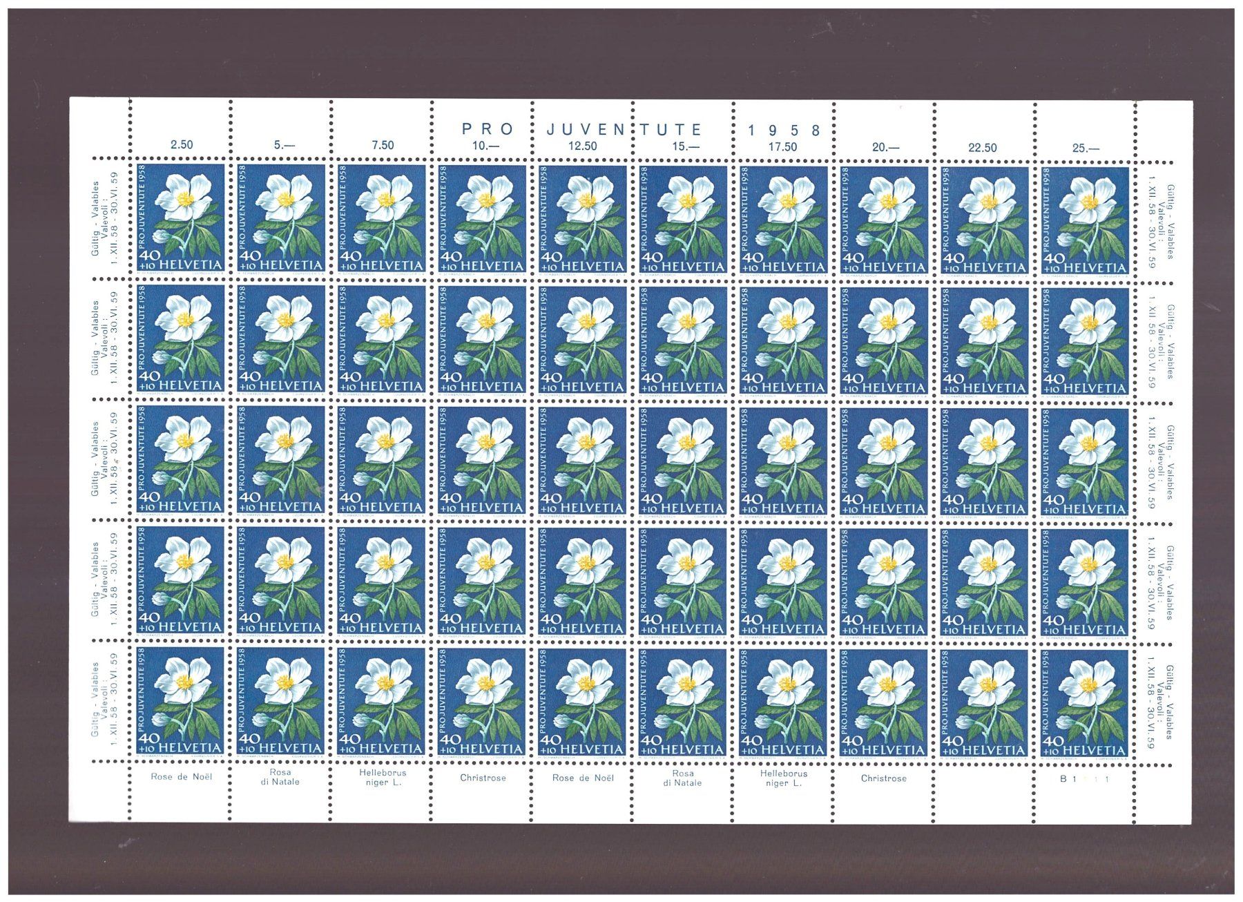 Alle Briefmarken: 1958 --- PRO JUVENTUTE BOGEN POSTFRISCH JE 50 STÜCK – Neu (gemäss Beschreibung) aus Dübendorf von Piero2
