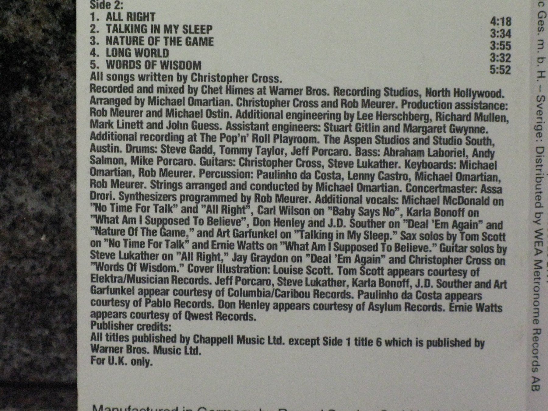 Musicassette: CRISTOPHER  CROSS   Another  Page – Usato da Langnau i. E. venduto da gf2_29jt 3