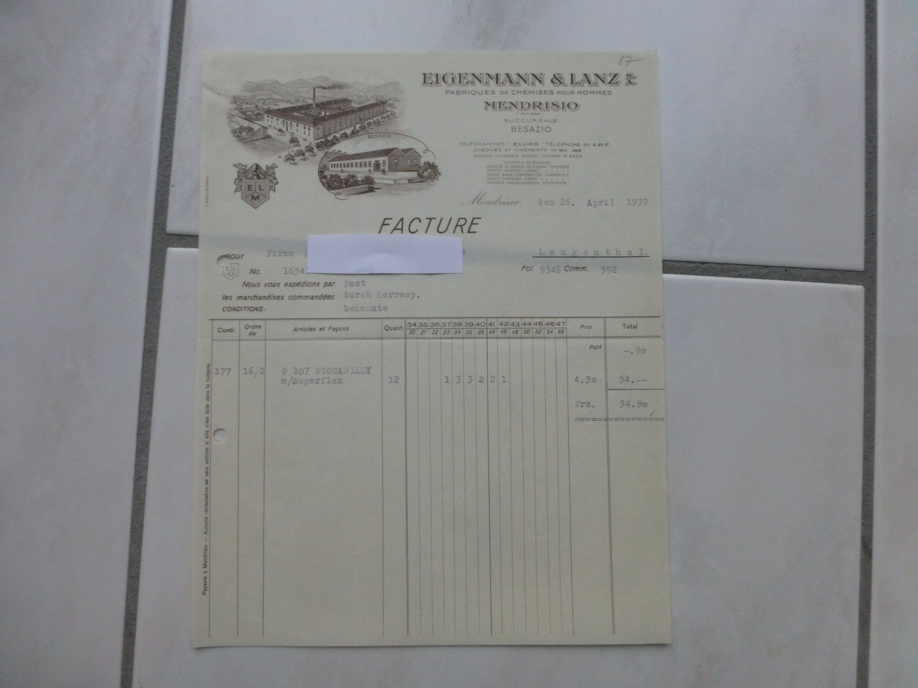 Dokumente: Mendrisio, Eigenmann & Lanz, Fabriques de Chemises, 1939 – Gebraucht aus Bettlach von 1saurer