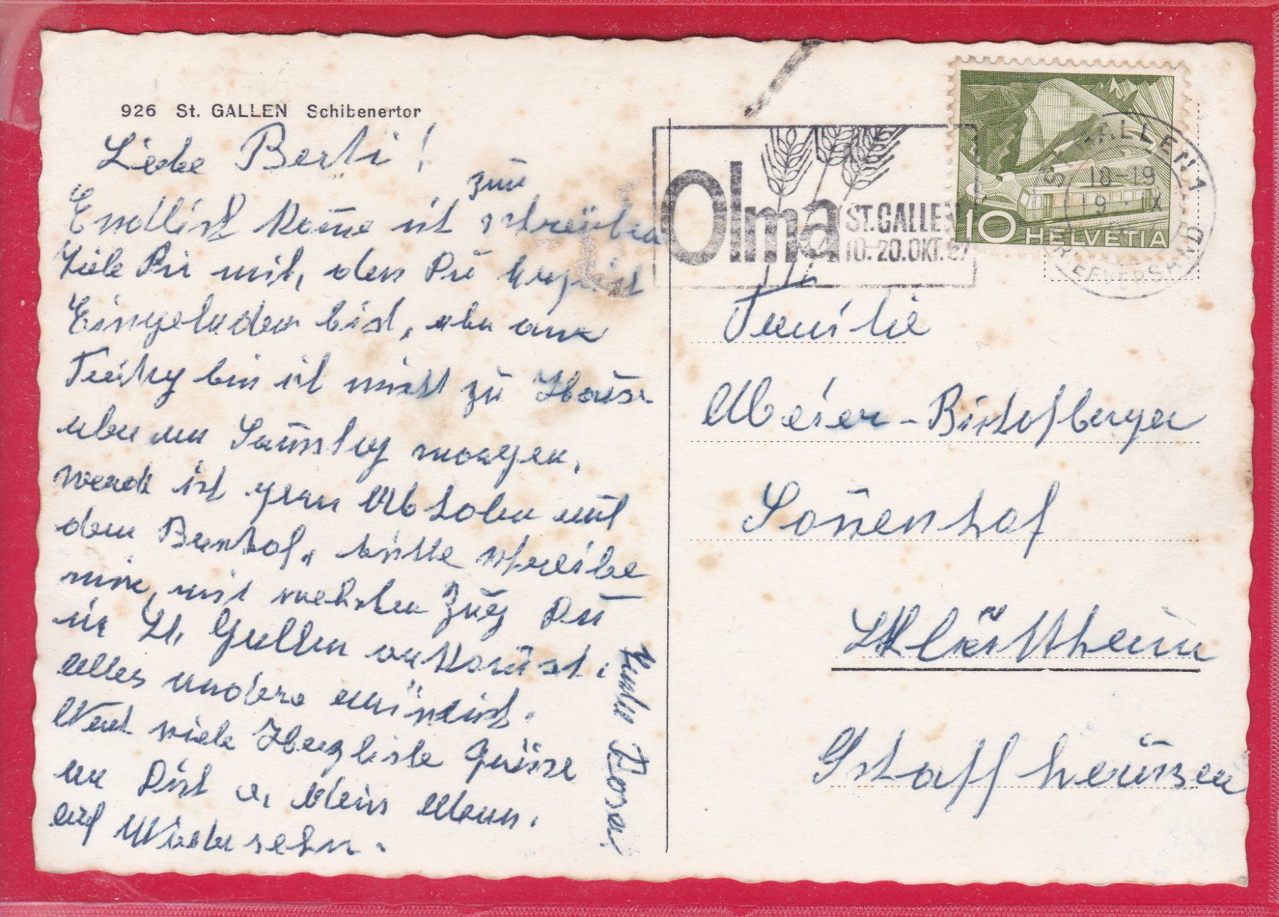 Ansichtskarten: ST.GALLEN, SCHIBENERTOR, 19.9.1957 – Gebraucht aus Oberrieden von Gebirgsstelze 1