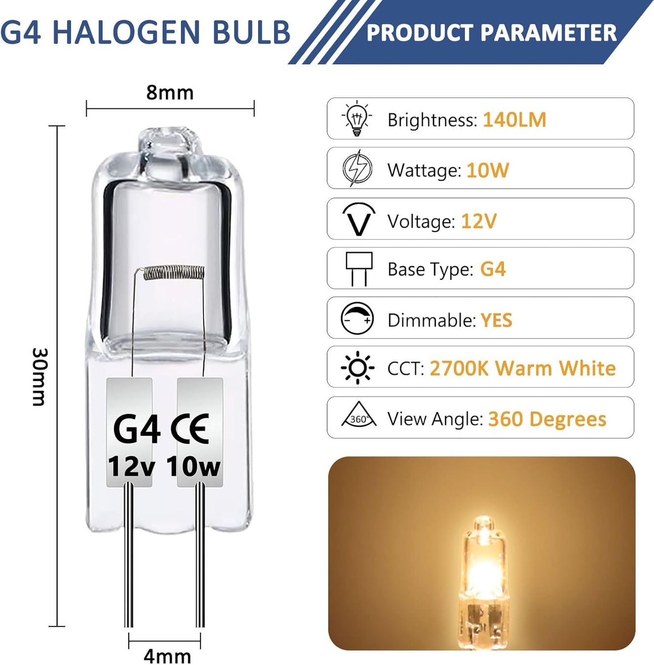Haraqi G4 Halogeenlampen, 8 stuks, 20 watt, G4 halogeenlamp, capsulegloeilampen, halogeenlampen, 300 lm, 2800 K, warmwit, dimbaar, energieklasse G