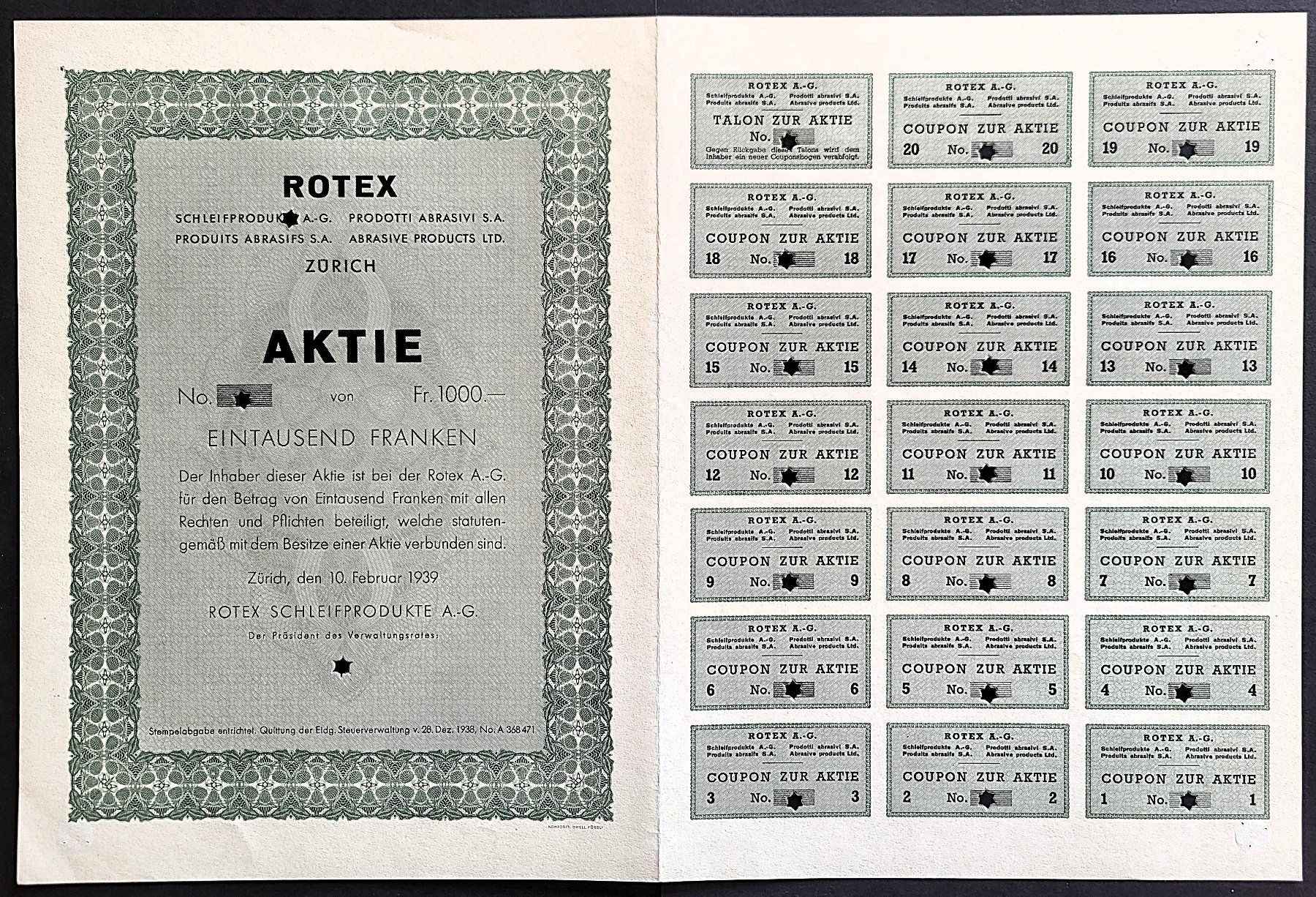 Documenti: Aktie Rotex, Zürich - 1939 – Usato da Gossau ZH venduto da granby
