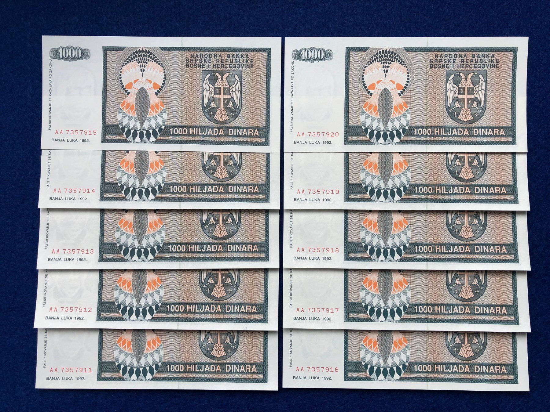 Banconote: Banja Luka 1992 - 10 x 1000 Dinara UNC – Nuovo e nell'imballaggio originale da Pfäffikon SZ venduto da Sieben77 1