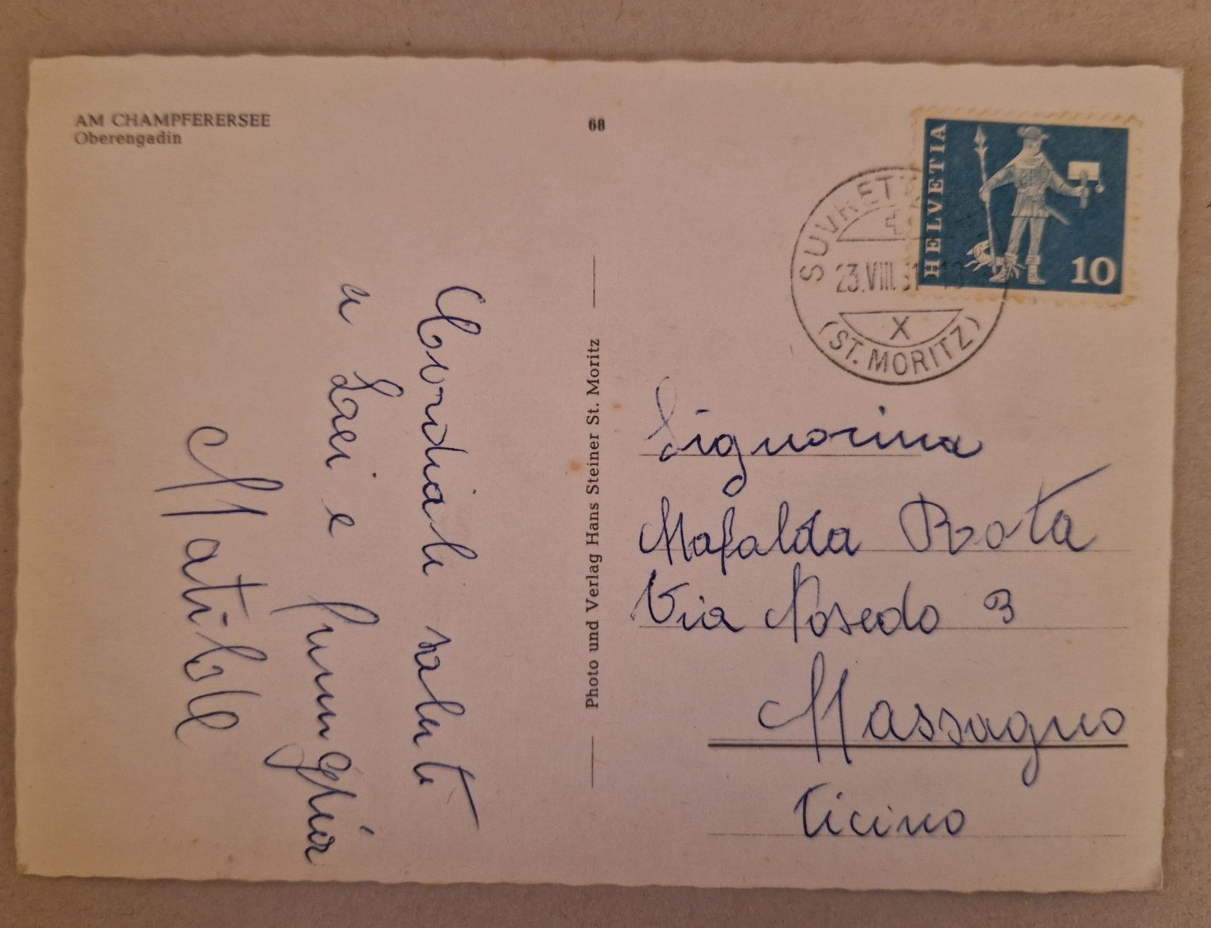 Cartoline postali: Am Champferersee St. Moritz 1961 Oberengadin – Usato da Melchnau venduto da Fishel 1