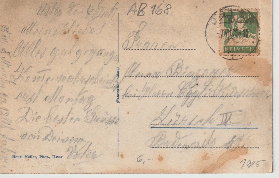 Cartoline postali: AB 168 Schloss Uster, 1925 – Usato da Freienbach venduto da Bhaltis 1