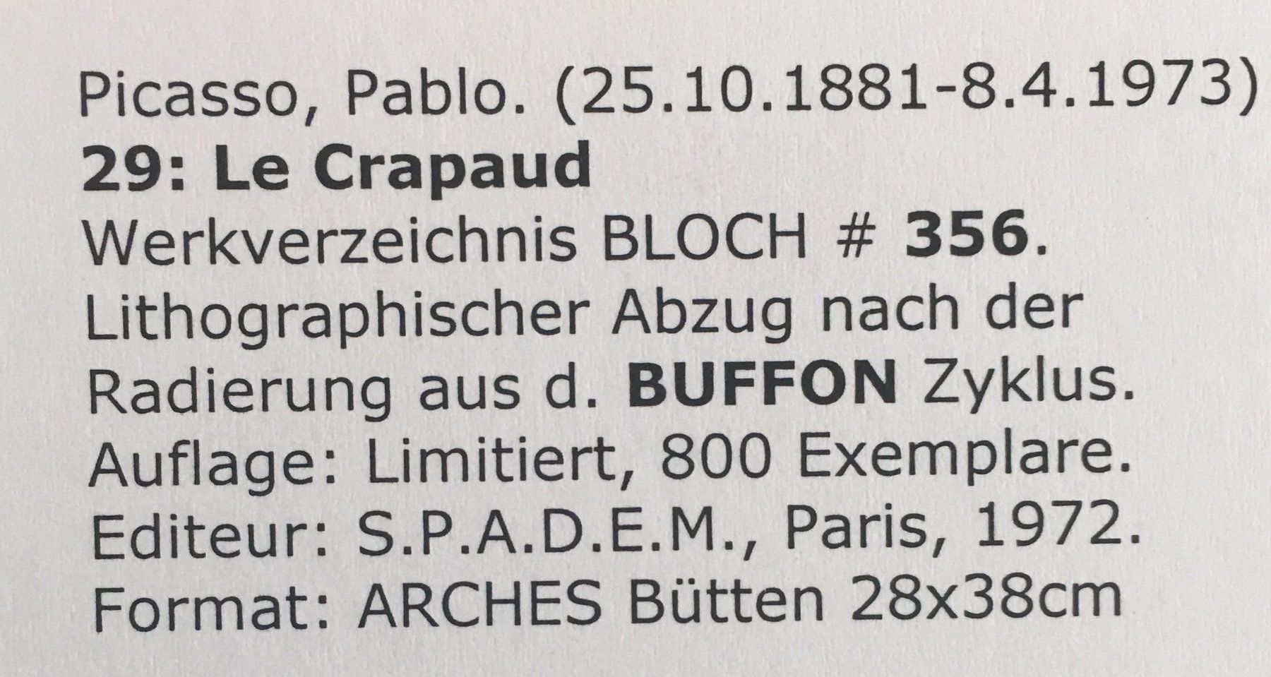 Grafica & Litografie: Pablo Picasso BUFFON ZYKLUS "Le Crapaud" – Usato da Nennigkofen venduto da Sommersonnen 7