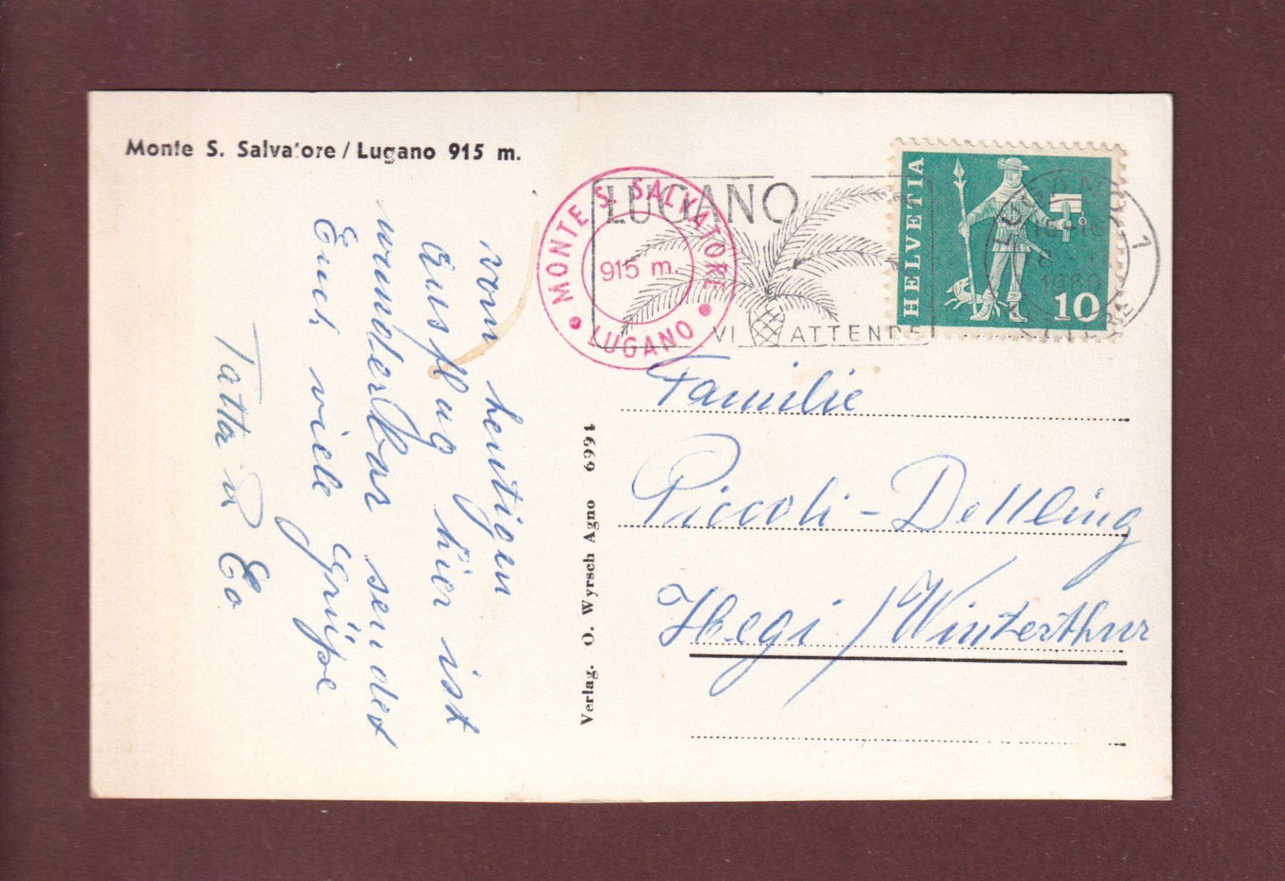 Cartoline postali: MONTE SAN SALVATORE - Lugano - 1960 – Usato da Pully venduto da nicecards 1