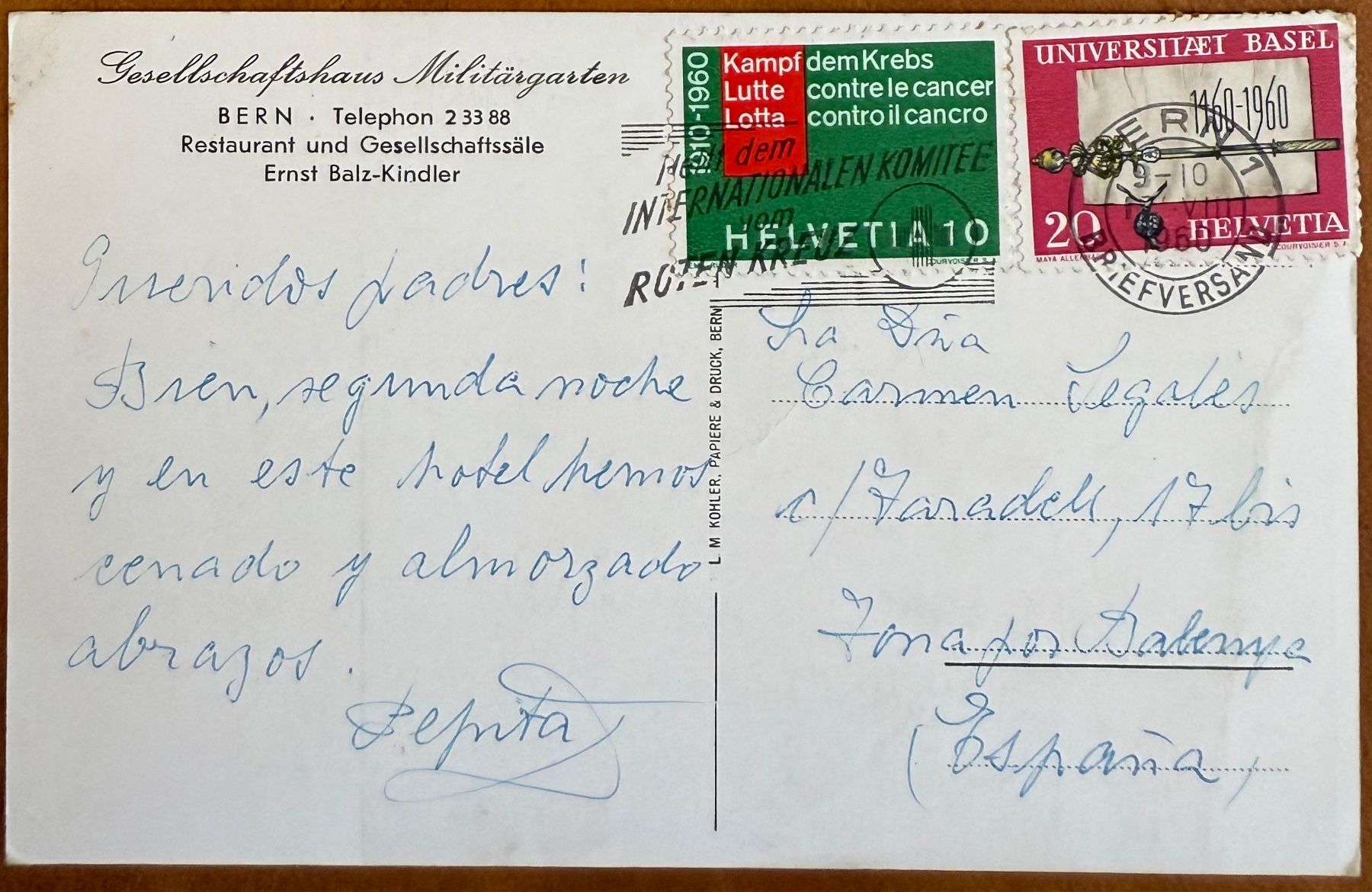 Cartoline postali: Bern - Gesellschaftshaus Militärgarten 1960 – Usato da Lutry venduto da Ediego 1