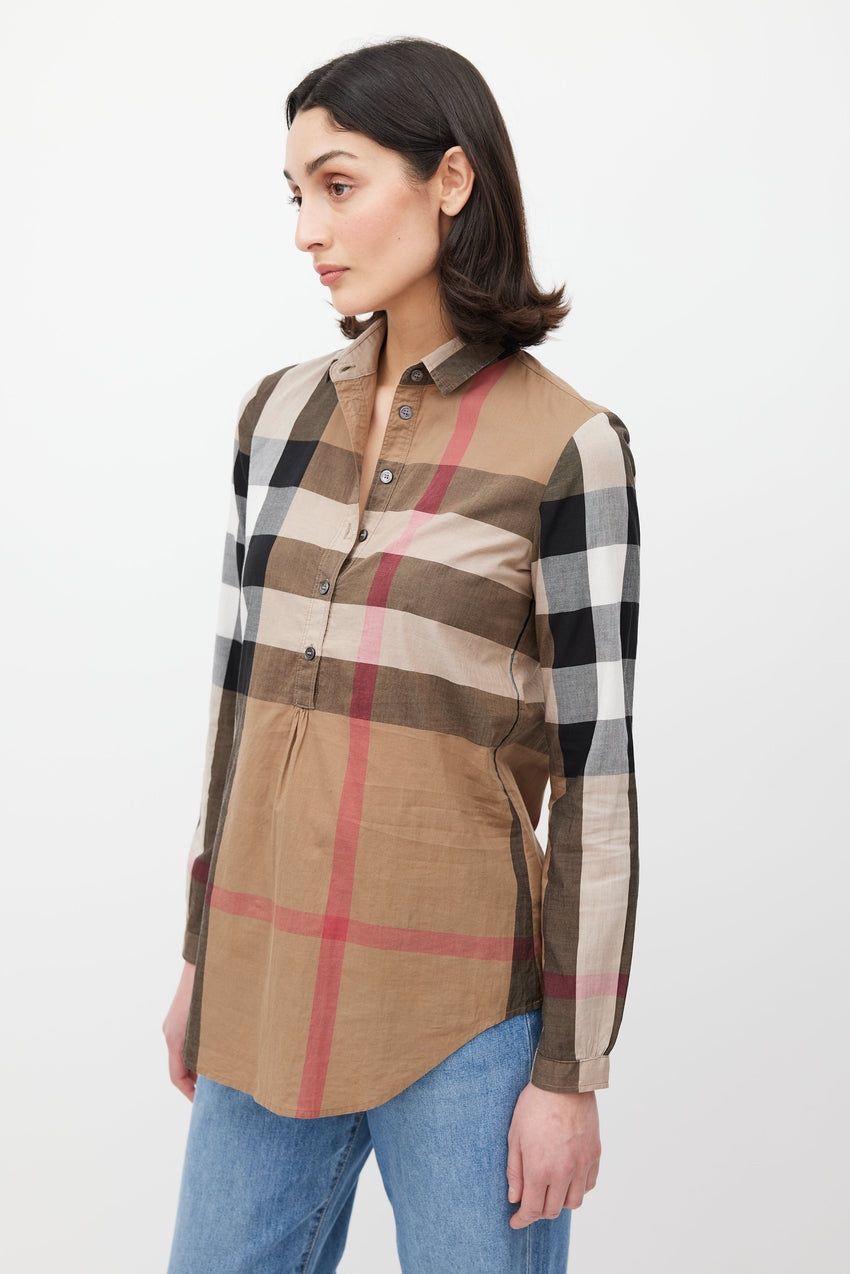 Burberry Camicette: Burberry Brit Nova Check Plaid Popover Half Button Blouse – Usato da Münchenstein venduto da B771 1