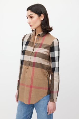 Burberry Brit Nova Check Plaid Popover Half Button Blouse