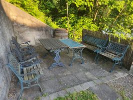 Gartenmöbel Gusseisen Tisch Stühle Bank Garten Holz Vintage