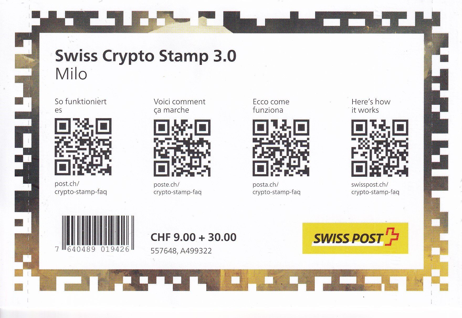 Tutti i francobolli: Swiss Crypto Stamp 3.0 Token Milo ab 35.-++ – Usato da Samnaun-Compatsch venduto da Muckimu