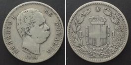 ITALIEN 1 Lira 1884 R UMBERTO I Silber SELTENER JAHRGANG!