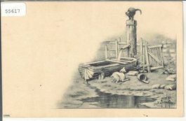 Brunnen mit Katz und Hund - Künstlerkarte