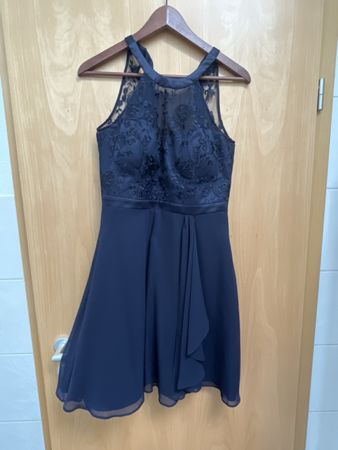 Cocktailkleid dunkelblau mit Spitze und Schleife kurz