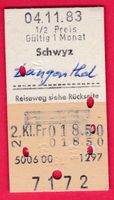 KARTON BILLETT, SCHWYZ - LANGENTHAL, 2.KLASSE,RETOUR,HALBTAX