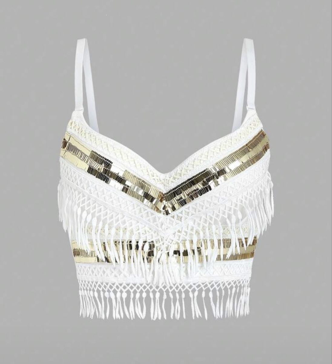 Top: CROP TOP BLANC À FRANGES ET SEQUINS DORÉS – Nuovo (secondo la descrizione) da Lausanne venduto da mau_6tnl 1