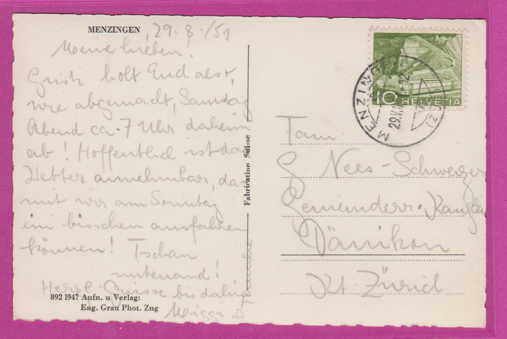 Cartoline postali: Menzingen ZG   :   alte Ansichtskarte 1951 – Usato da Vitznau venduto da Ropaku 1
