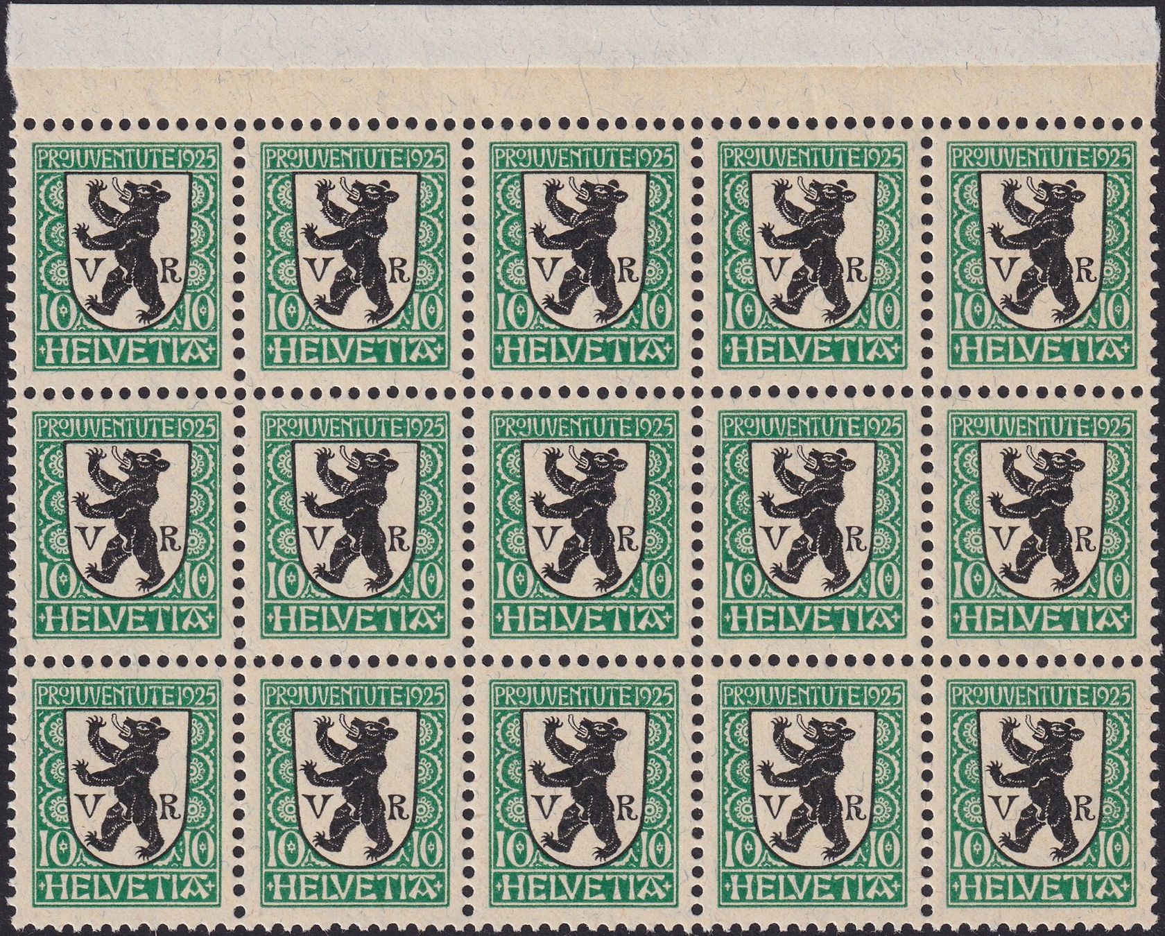 Alle Briefmarken: 1925, J34 (AR-Wäppli) 15er-Block, postfrisch **. – Gebraucht aus Sursee von Luzernerraute