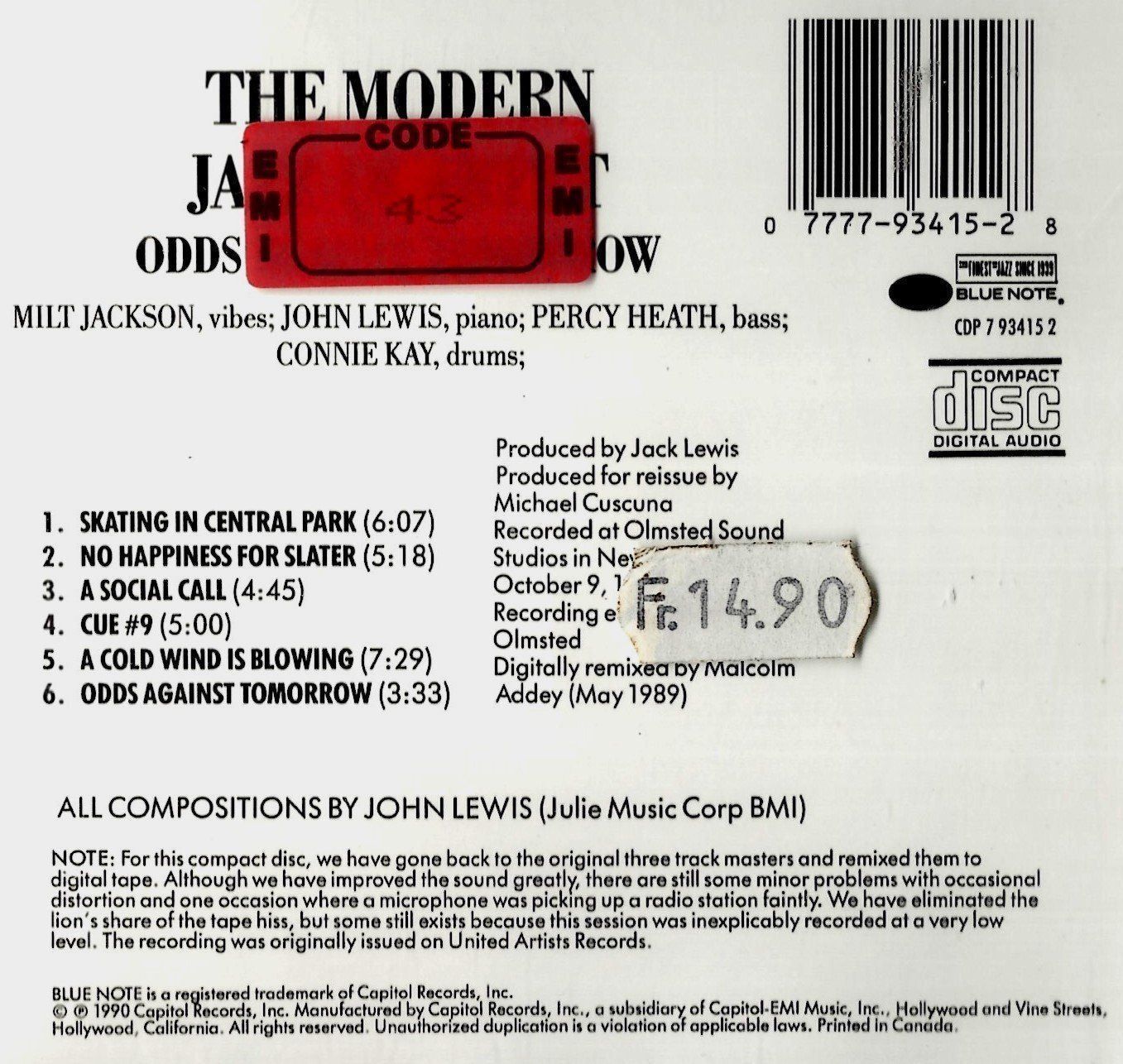 CDs: Modern Jazz Quartet ODDS AGAINST Milt Jackson Blue Note CD – Gebraucht aus Kandergrund von Sososo 1