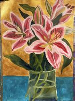 Acrylgemaelde Blumenstrauss Lilien goldener Hintergrund