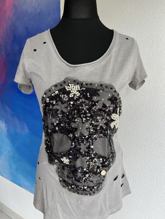 JUSTOR💀Shirt, Grau, Gr.S, Totenkopf Pailletten Top💣 50
