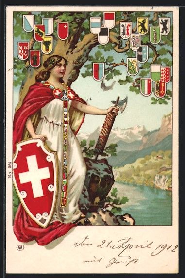 Cartoline postali: Litho Schweiz, Helvetia mit Schild, Kant – Usato da Berlin venduto da bartko-reher