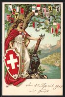 Litho Schweiz, Helvetia mit Schild, Kant