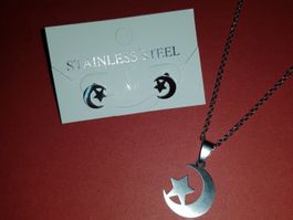 Lot Zartes Mond&Stern Set Halskette Ohrstecker Edelstahl