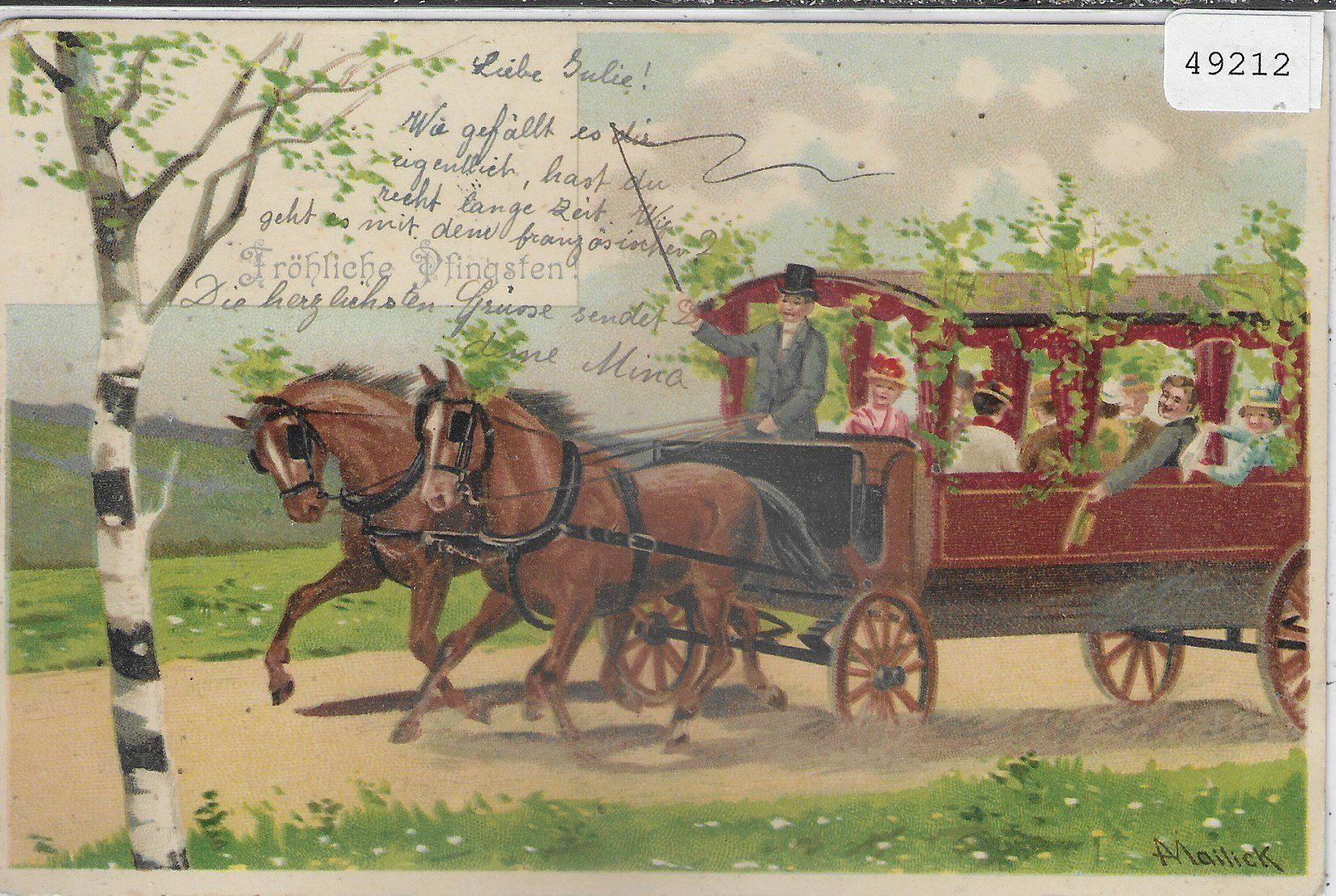 Ansichtskarten: Fröhliche Pfingsten - Kutschen Ausflug - Litho – Gebraucht aus Ettingen von Kartenplanet