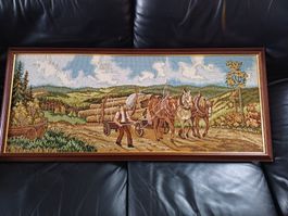 Gobelin Wandbild Erntezeit Bauernhof Holzrahmen